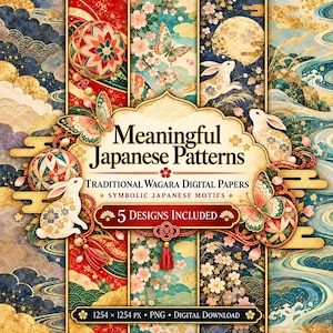 Paquete de papeles digitales de naturaleza japonesa, 5 patrones de kimono Wagara con guía de significado