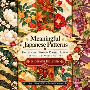 Japanskt blommigt digitalt papperspaket, 5 kimono-inspirerade wagaramönster med meningsguide