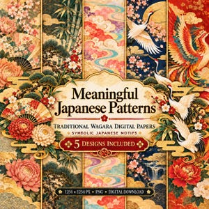 Japanese Kimono Digital Paper Bundle, 5 Auspicious Wagara Patterns with Meaning Guide