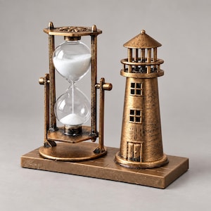 Könnte beinhalten: Ein dekoratives Schreibtischaccessoire mit einer drehbaren Sanduhr aus Glas, gefüllt mit weißem Sand, kombiniert mit einer Leuchtturm-Skulptur. Beide Teile haben ein patiniertes, metallisch bronzefarbenes Finish auf einem rechteckigen Sockel.
