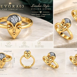 May include: A gold ring featuring a stylised face design with a round gemstone set in the forehead. The ring band is 2.0 mm wide, the face motif is 15.00 mm tall and 8.00 mm wide, and the centre stone is a 4.00 mm round cut gem.