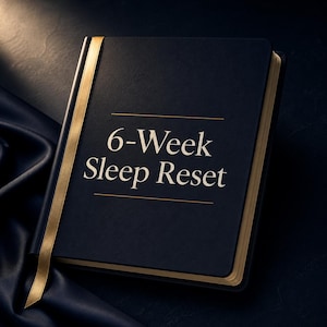 May include: A dark navy blue hardcover book with gold-colored edges and a gold ribbon bookmark. The front cover features the text 6-Week Sleep Reset in a gold serif font, centered between two horizontal gold lines, with a textured matte finish.