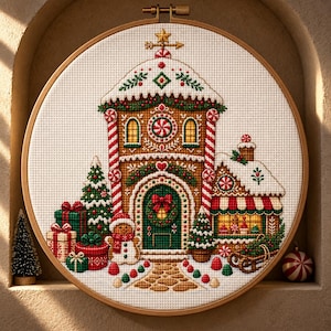 May include: A cross-stitch embroidery in a wooden hoop depicting a gingerbread house with a snow-covered roof, candy cane pillars, a green door with a wreath, a gingerbread person, wrapped gifts, and a small sled on a snowy path.