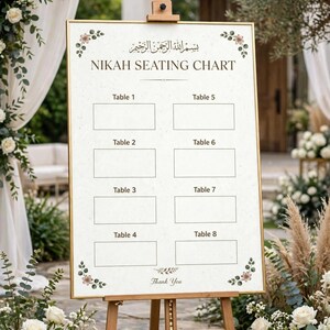 Może przedstawiać: Prostokątna tablica z planem miejsc na ceremonię Nikah w złotej ramie na drewnianej sztaludze. Biała tablica zawiera arabską frazę Bismillah, napis NIKAH SEATING CHART, osiem pustych prostokątnych pól na listę gości oraz napis Thank You.