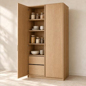 May include: A tall, light-toned wooden wardrobe with two doors, one of which is open to reveal four interior shelves and two drawers. The shelves contain glass jars filled with dry goods, stacked white bowls, and plates in a kitchen setting.