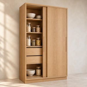 May include: A tall, light-toned wooden cabinet featuring a sliding door on the right side. The open left section reveals multiple shelves holding white ceramic bowls and several clear glass jars filled with various dry food items and two drawers.