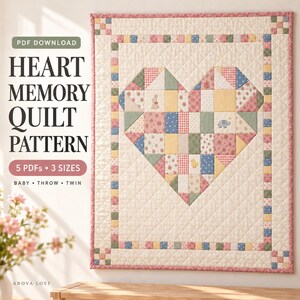 May include: A quilt pattern featuring a large heart made of multi-colored fabric squares with floral, gingham, and animal prints. The text reads PDF DOWNLOAD HEART MEMORY QUILT PATTERN 5 PDFs 3 SIZES BABY THROW TWIN AROVA LOST.