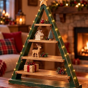 Op de afbeelding: Een driehoekig houten displayrek, donkergroen geschilderd met planken in een natuurlijke houtafwerking. Het frame is bekroond met een houten ster en omwikkeld met lichtsnoeren. Het bevat miniatuur kerstdecoraties zoals een huisje en een hert.