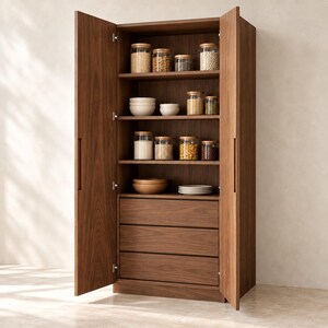 Puede incluir: Una alacena alta de madera oscura con dos puertas abiertas, cuatro estantes interiores y tres cajones inferiores. Los estantes están organizados con varios frascos de vidrio transparente con productos secos, cuencos blancos y platos apilados.