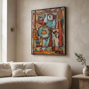 Abstrakt expressionistisk kubistisk ansikte på canvas, blågrön terrakotta, tribal totemmålning, folkgeometriskt tryck, inramad vardagsrumsdekor
