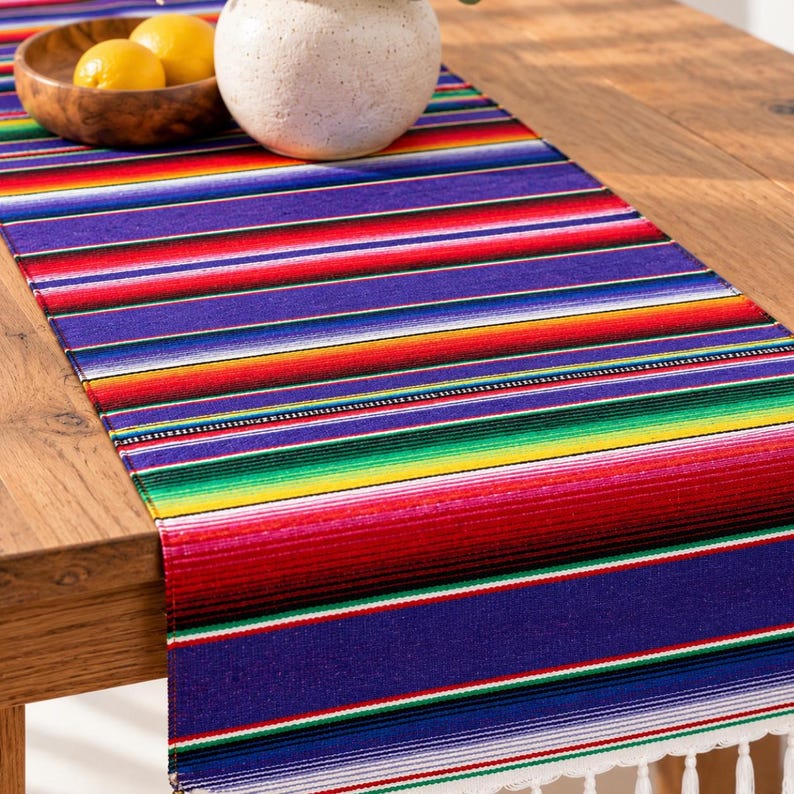 Top Table Table Runners Purple Serape Table Runner, Colorful Striped Cotton Table Decor, White ...