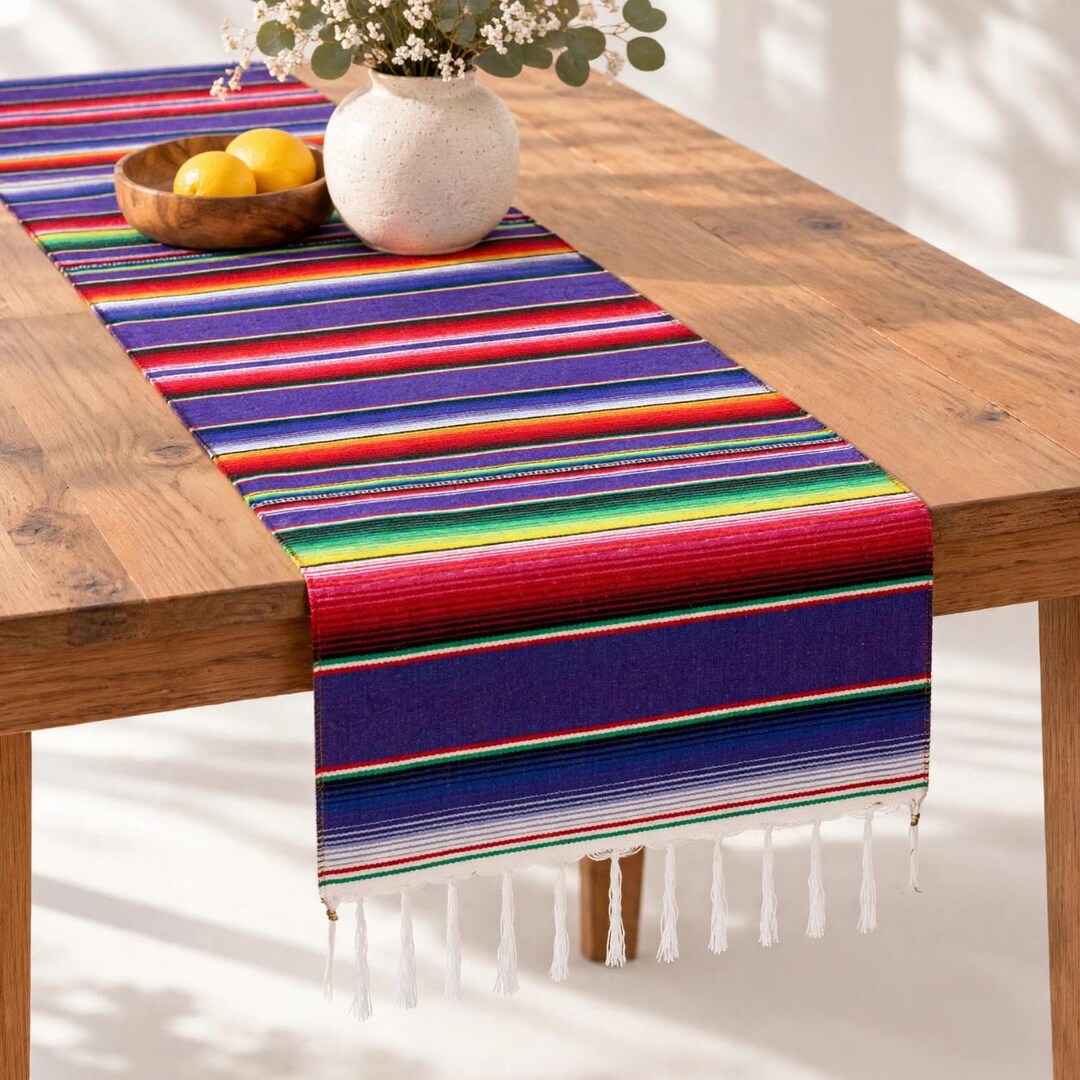 Top Table Table Runners Purple Serape Table Runner, Colorful Striped Cotton Table Decor, White ...