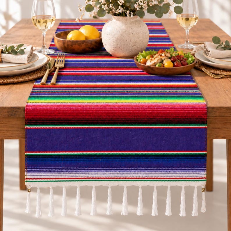Top Table Table Runners Purple Serape Table Runner, Colorful Striped Cotton Table Decor, White ...
