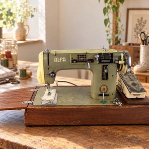 Könnte beinhalten: Eine olivgrüne Vintage-Nähmaschine der Marke Alfa Alfamatic auf einem dunklen Holzsockel. Die Maschine verfügt über ein Metallgehäuse mit Chromakzenten, einen Stichwahlschalter, einen vertikalen Hebel und ein Fußpedal mit schwarzem Kabel.