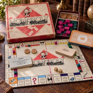 Könnte beinhalten: Ein altes Monopoly-Brettspiel mit einem rot-cremefarbenen Karton, einem faltbaren Spielbrett mit französischen Straßennamen, Papiergeldscheinen, Chance- und Gemeinschaftskarten, hölzernen Spielfiguren sowie zwei sechsseitigen Würfeln.