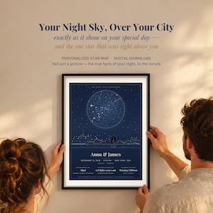 Puede incluir: Una lámina rectangular enmarcada de un mapa estelar con fondo azul oscuro, una carta de constelaciones circular, la silueta de un horizonte urbano y el texto "Anna & James", "December 13, 2019", "9:33 PM", "New York, USA", "Algol", "6.8 light-years out", "Waning Gibbous".