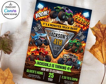 May include: A monster truck themed birthday invitation card featuring four colourful monster trucks, checkered flags, and explosions. The text reads: BOOM!, CRASH!, IT'S A MONSTER TRUCK BASH!, JACKSON'S 4TH JAM, JACKSON,S IS TURNING 4!, JOIN US TO CELEBRATE.