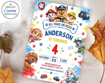Paw Patrol Birthday Invitation Editable Canva Template, Puppy Party Pawty Invite, Puppy Patrol Pup Boys & Girls Bday, Printable Template