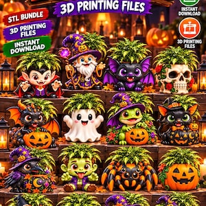 May include: A digital bundle of 16 Halloween planter 3D printing files featuring various characters like a vampire, wizard, ghost, skull, spider, and black cat. Each character is designed to hold a plant and includes text labels for STL files.