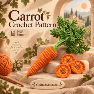 Op de afbeelding: Een gehaakte wortel met groen loof en drie ronde wortelschijfjes in oranje en gele tinten. De tekst luidt Carrot Crochet Pattern, PDF Pattern, CraftedMoStudio en small creations for a kinder world.