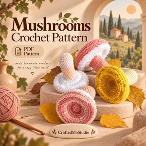 May include: A crochet pattern PDF titled Mushrooms Crochet Pattern featuring handmade crocheted mushrooms in pink, yellow, and beige with white textured gills. The display includes a ball of pink yarn, a wooden crochet hook, and the text CraftedMoStudio.