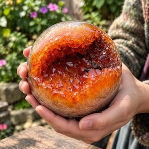 May include: A spherical geode featuring a deep, hollow center filled with vibrant orange and amber-colored crystalline structures. The outer surface of the stone is smooth and rounded, contrasting with the jagged, reflective interior points.
