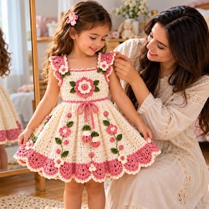 Könnte beinhalten: Ein cremefarbenes ärmelloses Kleid mit aufwendigen Häkelblumenmotiven in Rosa- und Grüntönen. Das Kleid hat einen eckigen Ausschnitt, gerüschte Schulterträger, ein Bindeband in der Taille und einen gewellten Saum mit einer breiten rosa Häkelborte.