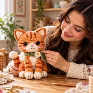 Può includere: Un gatto di peluche all'uncinetto color arancione tigrato con strisce scure, grandi occhi neri, naso rosa e zampe bianche. Il gatto indossa una sciarpa all'uncinetto verde decorata con un piccolo fiore bianco con il centro giallo, in lana lavorata.