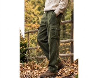Olivgrüne Cargohose aus Wolle für Herren, Vintage-Arbeitshose, bequeme Arbeitskleidung