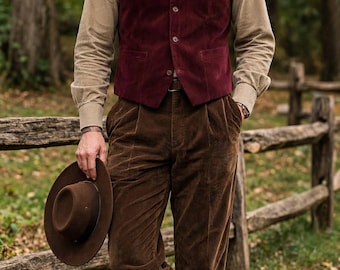 Men's Corduroy 3 Piece Outfit, Burgundy Waistcoat, Brown Pants, Beige Shirt