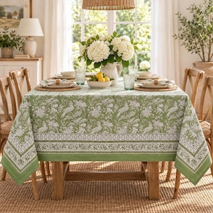 Green Floral Bird Print Dining Tablecloth, Cottage Living Room, Floral Tablecloths, Cottage Table Decor, Party Table Cloth, Tabletop Covers