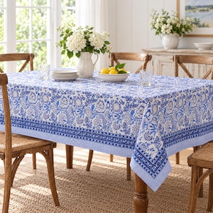 Blue Chinoiserie Tablecloth, Cottage Living Room, Floral Tablecloths, Cottage Table Decor, Party Table Cloth, Decorative Border Table Cover