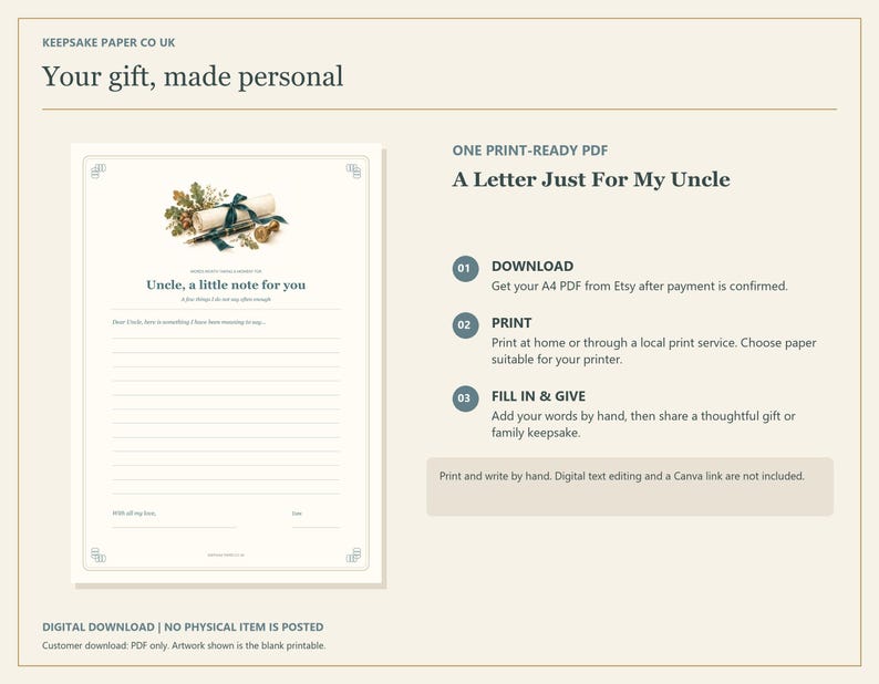 Letter for Uncle - Fountain Pen A4 Printable PDF - Etsy