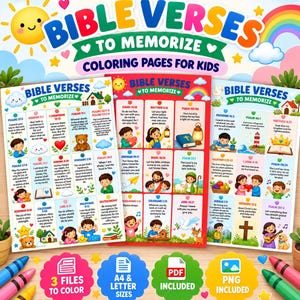 May include: Three colourful printable colouring pages titled Bible Verses to Memorize for Kids. Each page features grid-based sections with illustrated children, animals, and religious symbols alongside scripture text. Includes PDF and PNG files.
