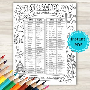 May include: A black and white educational printable sheet titled State & Capitals of the United States. It features a list of 50 states and their capitals, an eagle, the Statue of Liberty, a flag, and the text Learn Explore Discover.