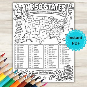 May include: A black and white printable coloring page titled The 50 States featuring a map of the United States, a checklist of all fifty states, an eagle illustration, stars, and the text Explore Learn Grow and Explore the United States.