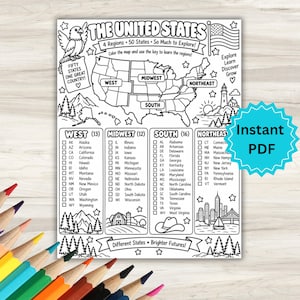 May include: A black and white educational coloring page titled The United States featuring a map divided into four regions, a list of fifty states with checkboxes, and illustrations of an eagle, a flag, mountains, a lighthouse, and a city skyline.