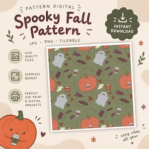 Fall Seamless Pattern - Cute Halloween Ghost & Pumpkin Digital Download - Tileable PNG JPG