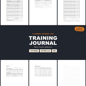 Puede incluir: Una plantilla digital de diario de entrenamiento guiado de 12 semanas con texto negro sobre un fondo oscuro. El diseño incluye varias páginas con tablas para registrar entrenamientos, planes semanales, récords personales y una página cuadriculada.