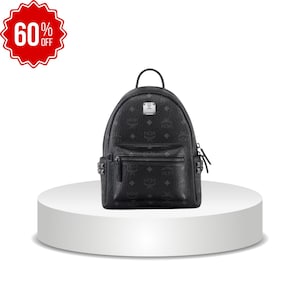 May include: A black backpack featuring a repeating MCM logo pattern, a top handle, a front zippered pocket, and side studs. The bag has a silver-toned metal logo plaque on the front. A red starburst graphic in the top corner displays 60% OFF.