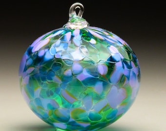 blown glass ornament, sun catcher, hand made blown glass Christmas ornament in tones of lavender, purple, and green, Lavender