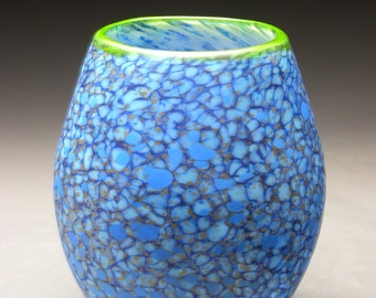 blue glass vase, etched hand blown glass vase