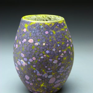 purple glass vase. etched hand blown glass vase