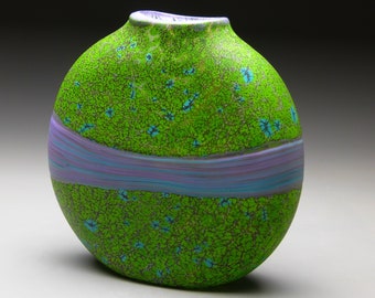 green strata vase, etched hand blown glass vase