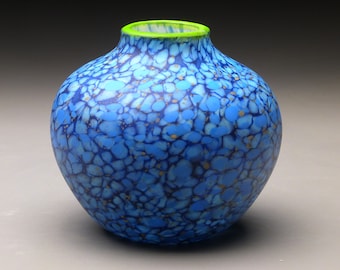blue native vessel, etched hand blown glass vase