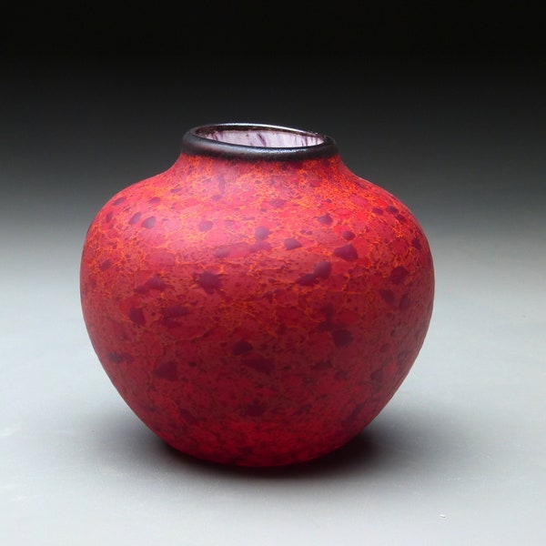 red native vessel, red etched hand blown glass vase,