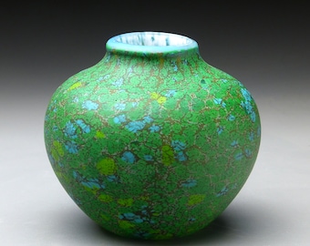 green native vessel, etched hand blown glass vase