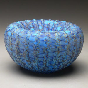 blue treasure bowl, etched hand blown glass bowl