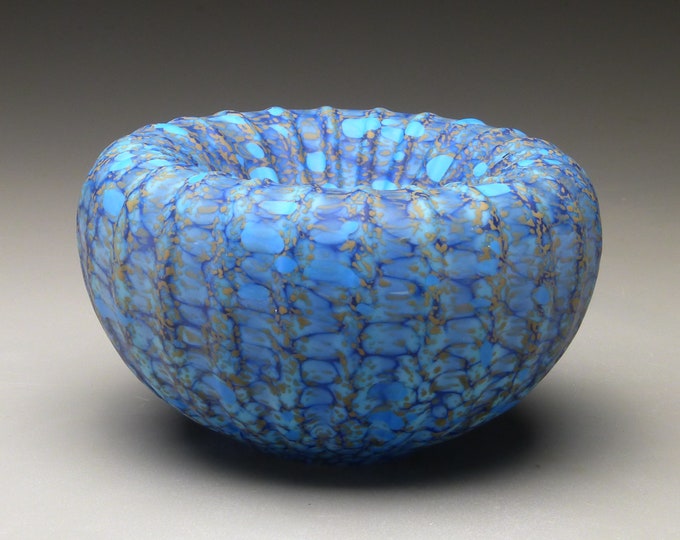 blue treasure bowl, etched hand blown glass bowl