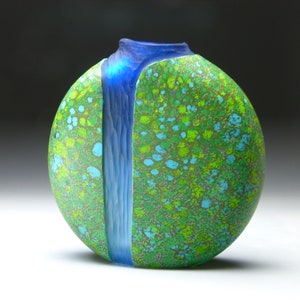 green cascade vase. etched hand blown glass vase